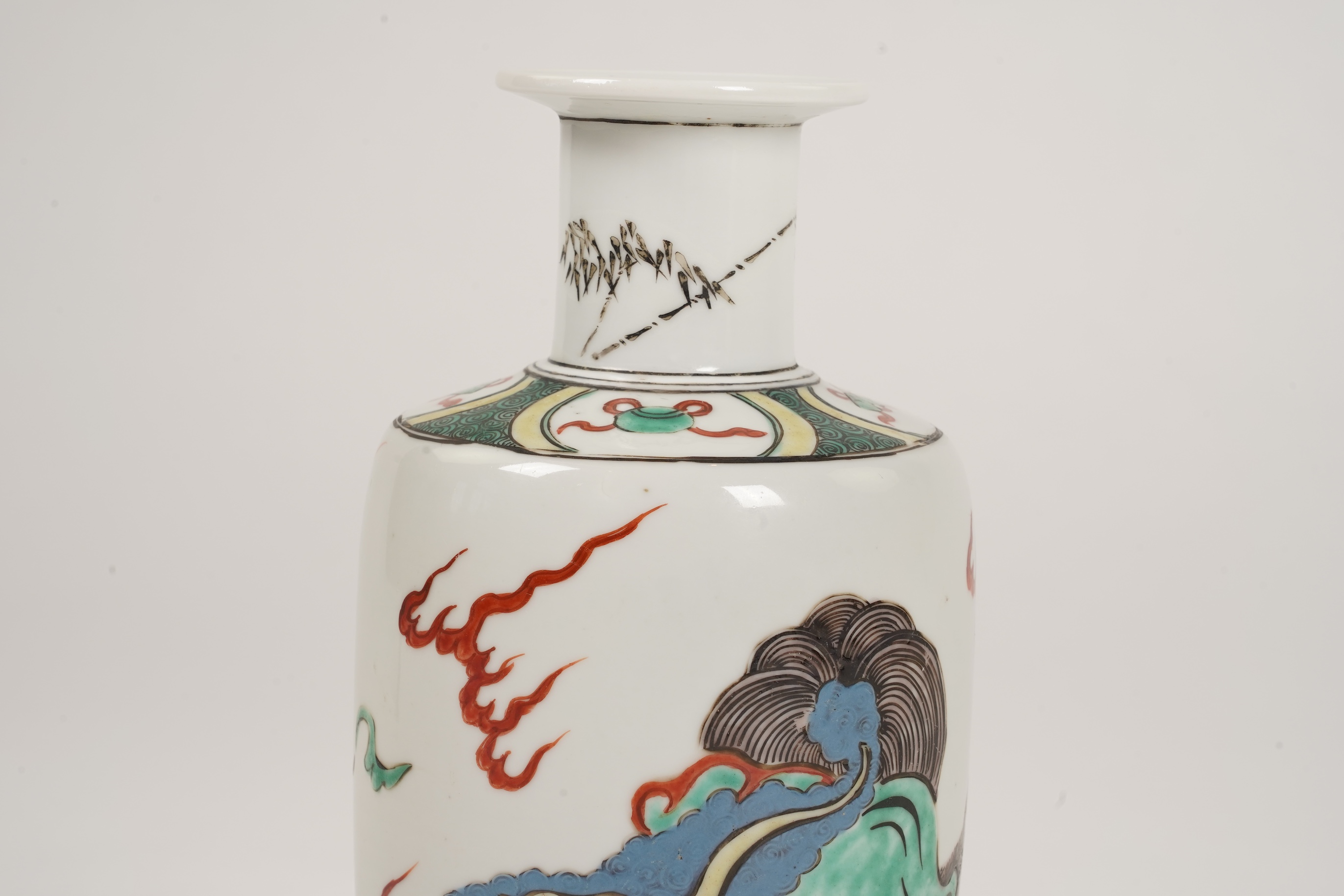 A Chinese famille verte 'Buddhist lion' rouleau vase, probably Kangxi period